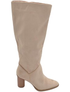 Corina Stivali camperos donna in camoscio beige altezza ginocchio lisci con tacco Texano legno 7 cm rotondo moda zip
