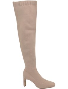 Corina Stivali alti donna sopra al ginocchio in tessuto beige a punta quadrata tacco 6 cm zip aderente effetto calzino basic