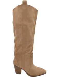 Corina Stivali camperos donna in camoscio beige altezza ginocchio lisci con tacco legno 7 cm quadrato moda zip
