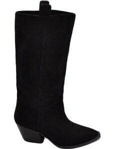 Corina Stivali camperos donna in ecopelle scamosciata nera altezza polpaccio lisci con tacco Texano legno 6 cm western moda zip