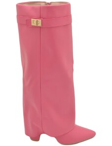 Malu Shoes Stivali donna alti rosa pelle al ginocchio a punta con risvolto para fino a terra tacco doppio 10cm