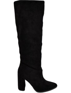 Malu Shoes Stivale donna alto rigido in camoscio nero tacco largo liscio linea basic a punta moda altezza ginocchio zip