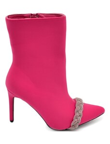 Malu Shoes Tronchetto donna in raso fucsia con gioiello luminoso fascia in punta tacco a spillo 12 rigido sopra la caviglia