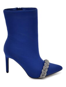 Malu Shoes Tronchetto donna in raso blu cobalto con gioiello luminoso fascia in punta tacco a spillo 12 rigido sopra la caviglia