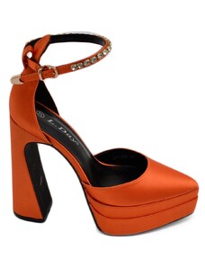 Malu Shoes Decollete' donna Mary Jane a punta in raso arancione con plateau 4 cm e tacco largo 15 cinturino strass alla caviglia