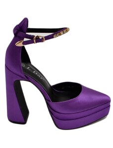 Malu Shoes Decollete' donna mary jane a punta in raso viola con plateau 4 cm e tacco largo 15 cinturino strass alla caviglia
