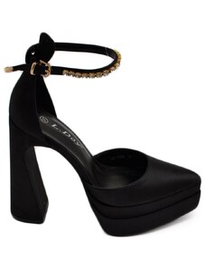 Malu Shoes Decollete' donna mary jane a punta in raso nero con plateau 4 cm e tacco largo 15 cinturino strass alla caviglia