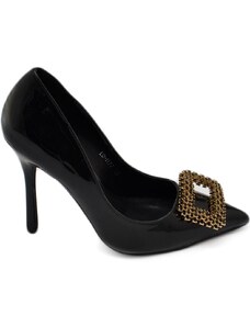 Malu Shoes Decolette' donna lucido specchio nero con gioiello spilla quadrato oro in punta tacco 12 cm spillo