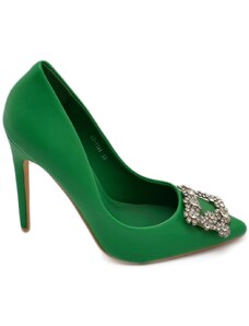 Malu Shoes Decolette' donna pelle matte verde prato con gioiello spilla quadrato argento in punta tacco 12 cm spillo