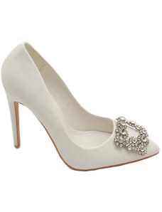 Malu Shoes Decolette' donna pelle matte bianco con gioiello spilla quadrato argento in punta tacco 12 cm spillo