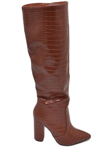 Malu Shoes Stivali donna cuoio a punta tacco doppio 10 cm lucido altezza ginocchio rigido stampa coccodrillo con zip moda