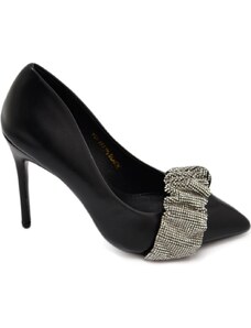 Malu Shoes Decolette' donna ecopelle matte nero con punta tacco sottile 12 cm fascia arricciata di strass argento luccicanti