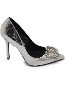 Malu Shoes Decolette' donna lucido specchio argento con gioiello spilla quadrato oro in punta tacco 12 cm spillo