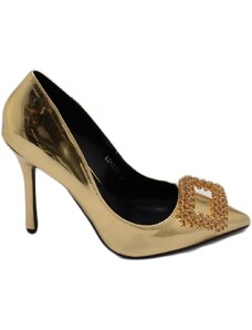 Malu Shoes Decollete' donna lucido specchio oro con gioiello spilla quadrato oro in punta tacco 12 cm spillo