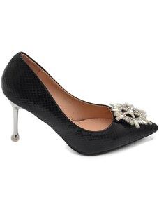 Malu Shoes Decolette' scarpa donna in laminato lucido cocco nero gioiello spilla bussola argento in punta tacco sottile 12 cm