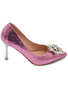 Malu Shoes Decolette' scarpa donna in laminato lucido cocco fucsi rosa gioiello spilla bussola argento in punta tacco sottile 12 cm