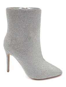 Malu Shoes Scarpa tronchetto mezzo stivaletto donna a punta argento con tacco 12 luccicante con strass zip elegante
