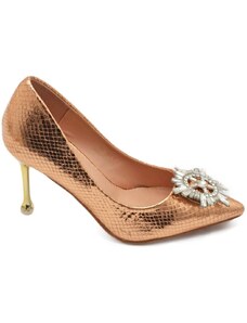 Malu Shoes Decolette' scarpa donna in laminato lucido cocco oro rosa gioiello spilla bussola argento in punta tacco sottile 12 cm