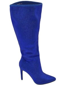 Malu Shoes Stivale alto blu Royal donna ginocchio ricoperto di strass tacco a spillo 12 aderente con zip a punta moda cerimonia