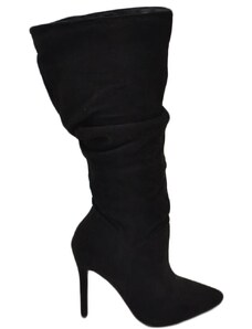 Malu Shoes Stivali donna alti in camoscio nero al ginocchio a punta arricciati con zip tacco spillo 10cm