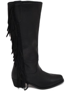 Malu Shoes Stivali donna camperos texani nero in ecopelle con frange western moda altezza polpaccio style mexico cowboy