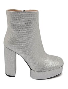 Malu Shoes Tronchetto donna platform argento con brillantini in rilievo punta tonda con tacco doppio 15cm e plateau 5 zip laterale