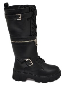 Malu Shoes Stivali donna combat anfibi nero con zeppa carrarmato e zip cinghie laterali rimovibili lacci