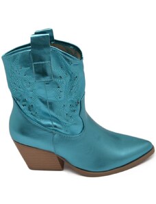 Malu Shoes Texano tronchetti donna camperos in vinile celeste stivaletti con tacco largo comodo 5cm effetto laser alla caviglia zip