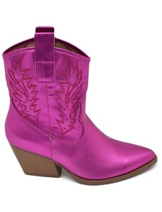 Malu Shoes Texano tronchetti donna camperos in vinile fucsia stivaletti con tacco largo comodo 5cm effetto laser alla caviglia zip