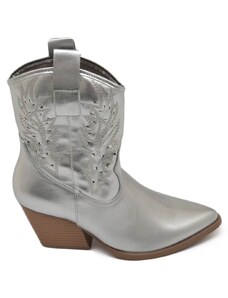Malu Shoes Texano tronchetti donna camperos in vinile argento stivaletti con tacco largo comodo 5cm effetto laser alla caviglia zip