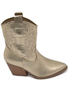 Malu Shoes Texano tronchetti donna camperos in vinile oro stivaletti con tacco largo comodo 5cm effetto laser alla caviglia zip
