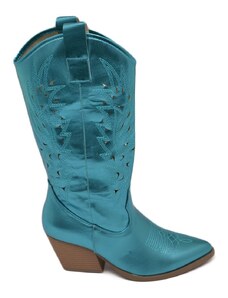 Malu Shoes Stivali donna camperos texani stile western forati estivi turchese azzurro perlato tacco western 7 cm con zip laterale