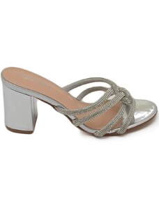 Malu Shoes Sandalo donna in vernice argento gioiello argento sabot mule aperto dietro con tacco grosso 7 cm incrociato sul piede