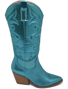 Malu Shoes Stivali donna camperos texani stile western dettagli laser turchese azzurro perlato tacco western 7 cm con zip laterale