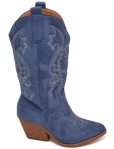Malu Shoes Stivali texani camperos donna blue jeans in camoscio con tacco western in legno 5 cm e cuciture in risalto moda tendenza