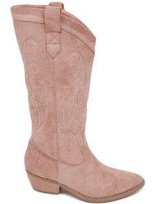 Malu Shoes Stivali texani camperos donna trasversali camoscio rosa tacco western in legno 3 cm e cuciture in risalto moda tendenza