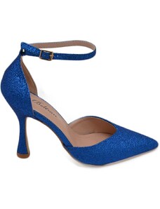 Malu Shoes Decollete donna in glitter blu royal con cinturino alla caviglia e tacco a base stabile 10 cm elegante comodo