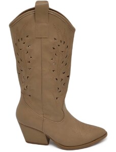 Malu Shoes Stivali donna camperos texani stile western forati estivi beige ecopelle tacco western 7 cm legno con zip laterale