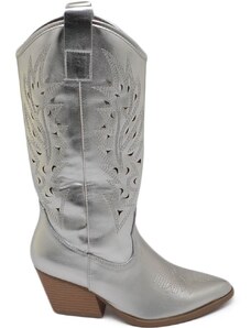 Malu Shoes Stivali donna camperos texani stile western forati estivi argento perlato tacco western 7 cm legno con zip laterale