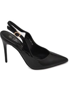Malu Shoes Scarpe decollete slingback donna elegante punta in vernice lucida nero tacco 12 cm cerimonia cinturino retro tallone
