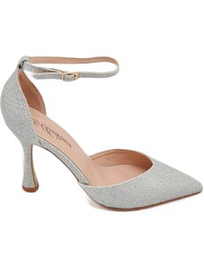 Malu Shoes Decollete donna in glitter argento con cinturino alla caviglia e tacco a base stabile 10 cm elegante comodo