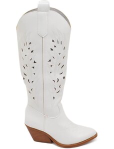 Malu Shoes Stivali donna camperos texani bianco ecopelle forato tacco western comodo gomma altezza ginocchio estivo