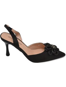 Malu Shoes Scarpe decollete donna slingback in raso nero applicazione fiore di strass in punta tacco a spillo basso 7 cm