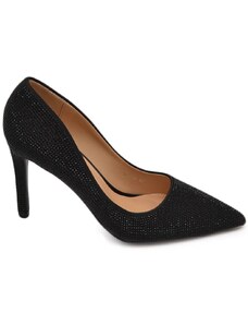 Malu Shoes Scarpe decollete donna in raso nero a punta completamente ricoperto di strass tinta unita tacco spillo 12 elegante