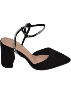 Malu Shoes Scarpe decollete donna slingback in camoscio nero aperto sul tallone con cinturino di strass incrociato alla caviglia