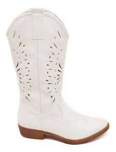 Malu Shoes Stivali camperos donna bianco tacco basso estivi traforati altezza ginocchio texani con cuciture tinta unita