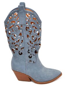 Malu Shoes Stivali donna camperos texani stile western blu jeans con gambale traforato fantasia laser tacco 4 cm altezza polpaccio