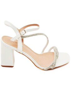 Malu Shoes Sandalo donna ecopelle bianco gioiello argento sabot aperto dietro con chiusura caviglia tacco 7cm incrociato sul piede