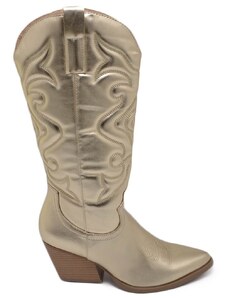 Malu Shoes Stivali donna camperos texani stile western dettagli laser oro perlato tacco western 7 cm con zip laterale