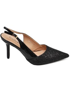 Malu Shoes Scarpe decollete slingback donna elegante punta glitter vernice lucida nero tacco 12 cm cerimonia cinturino retro